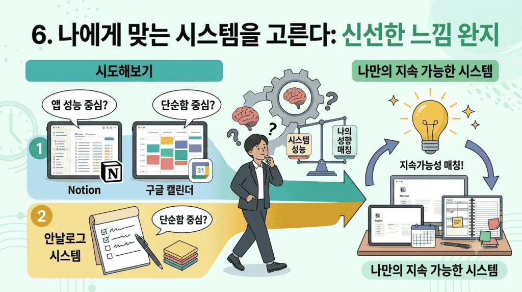 자신에게 가장 잘 맞는 디지털 플래너와 아날로그 노트를 비교하며 생산성 관리 시스템을 고르는 모습