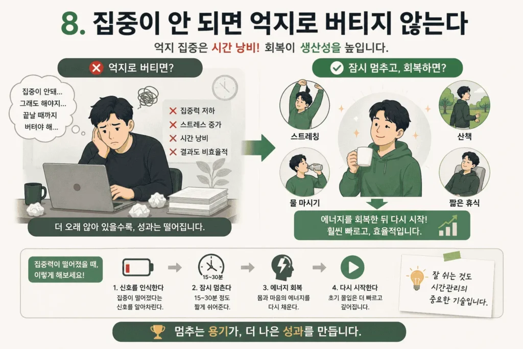 집중이 되지 않을 때 억지로 책상에 버티는 대신 잠시 자리에서 일어나 스트레칭을 하거나 휴식을 취하는 모습