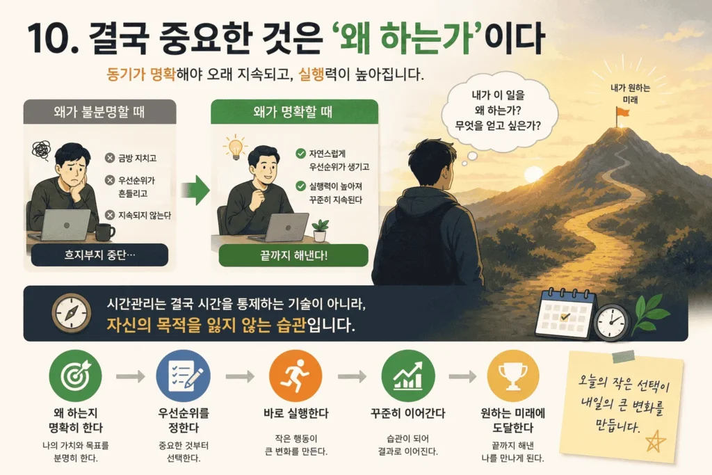  행동의 동기부여와 방향성을 잡기 위해 메모장에 '왜 하는가'라는 본질적인 목적과 이유를 찾아 가는 모습