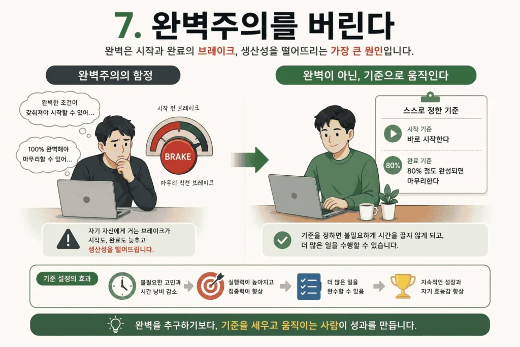 완벽주의를 버리고 일단 끝마치는 것에 집중하기 위해 'Done is better than perfect' 문구를 적어둔 메모지