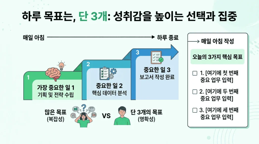 노트에 하루 세 가지 핵심 목표를 우선순위대로 적어둔 모습